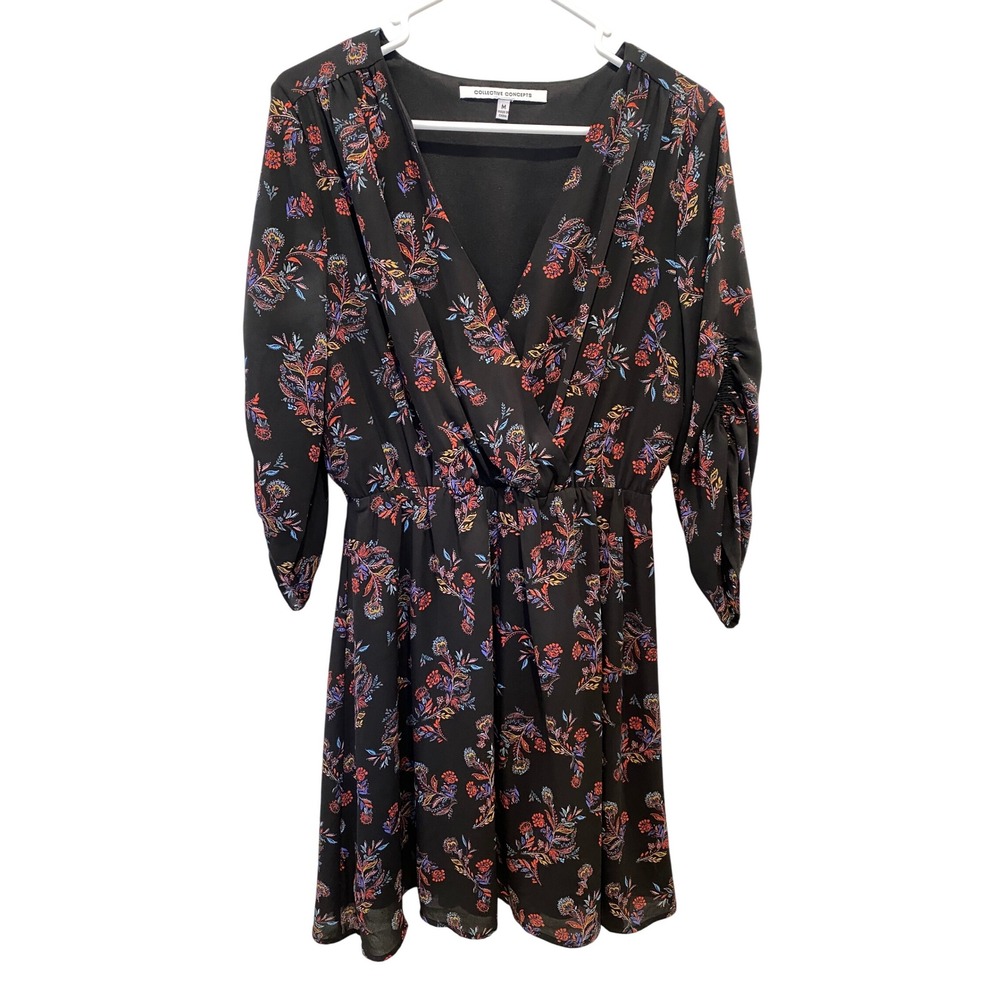 Collective Concepts‎ Mini Dress Women's Medium Black Floral Snap Chest Closure